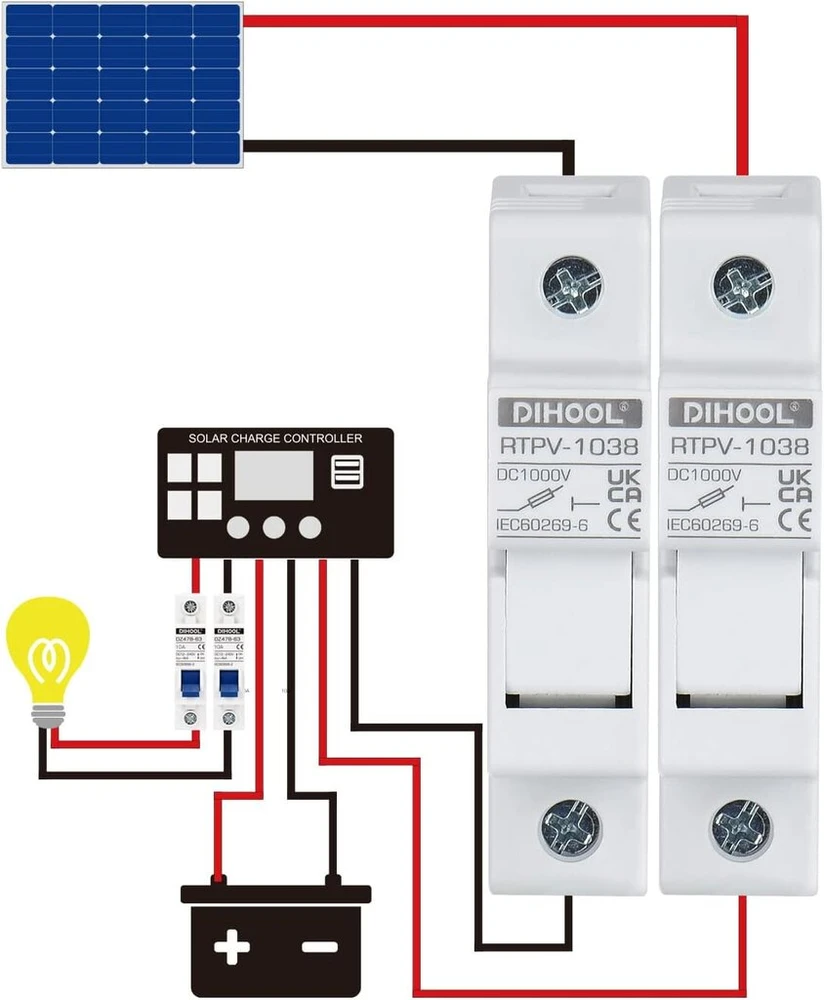 Saulės Pv saugiklio laikiklis 1 kontaktų Dc1000v 10 x 38 mm Din bėgelio montavimas, 20 A fotovoltinis saugiklis (4 x saugiklio laikiklis ir 6 x saugiklis)