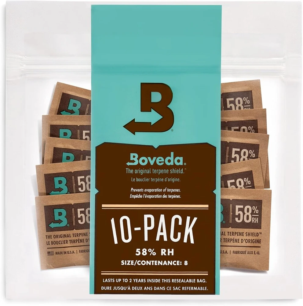 Sausintuvas Boveda drėgmės reguliatorius žolelėms | 2-krypčių drėgmės kontrolė su 58% rh | 8 dydis apsaugo iki 30g žiedų | 10 vnt. sandari pakuotė