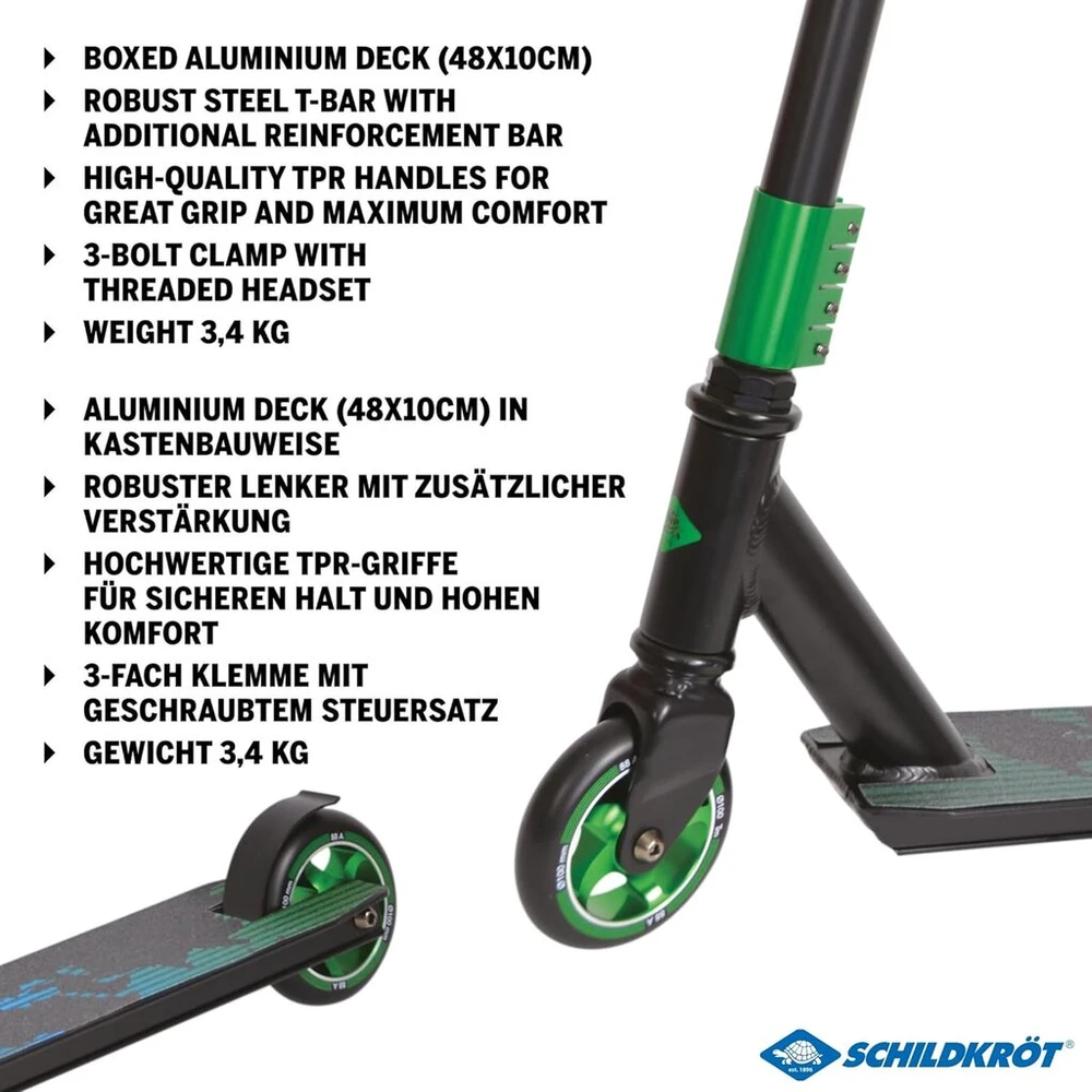 Schildkröt Stunt Untwist paspirtukas, įvairūs dizainai, kokybiškas triukinis paspirtukas su aliuminio ratlankiu, 100 mm pu ratai puikiems triukams ir akrobatiniams triukams.