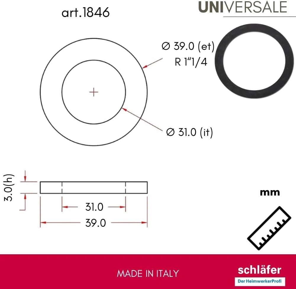 Schläfer 1846 | 10 dalių - universalus hidraulinis guminis sandariklis sifonui 1 colio 1/4 virtuvės praustuvei, 3 mm aukščio, plokščias sandariklis, suderinamas su lira, poveržlė vonios kriauklės drenažo vamzdžiui