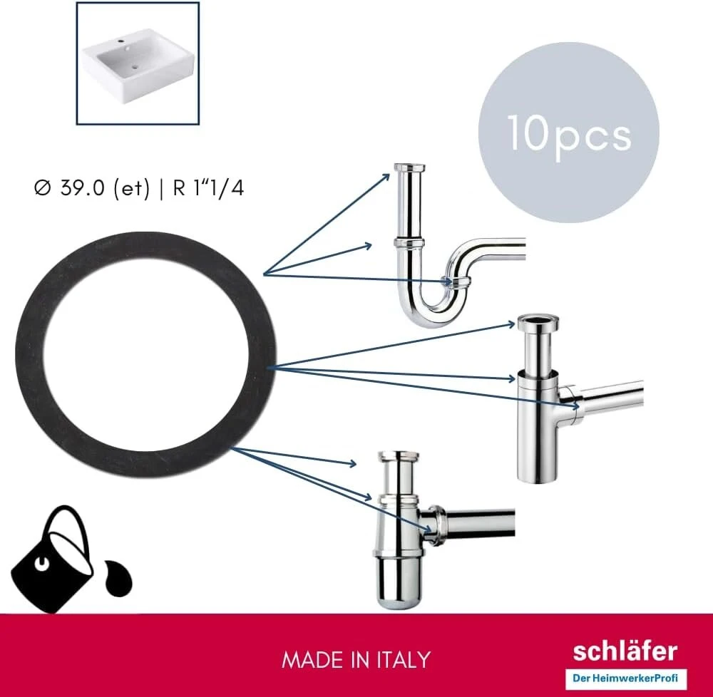 Schläfer 1846 | 10 dalių - universalus hidraulinis guminis sandariklis sifonui 1 colio 1/4 virtuvės praustuvei, 3 mm aukščio, plokščias sandariklis, suderinamas su lira, poveržlė vonios kriauklės drenažo vamzdžiui
