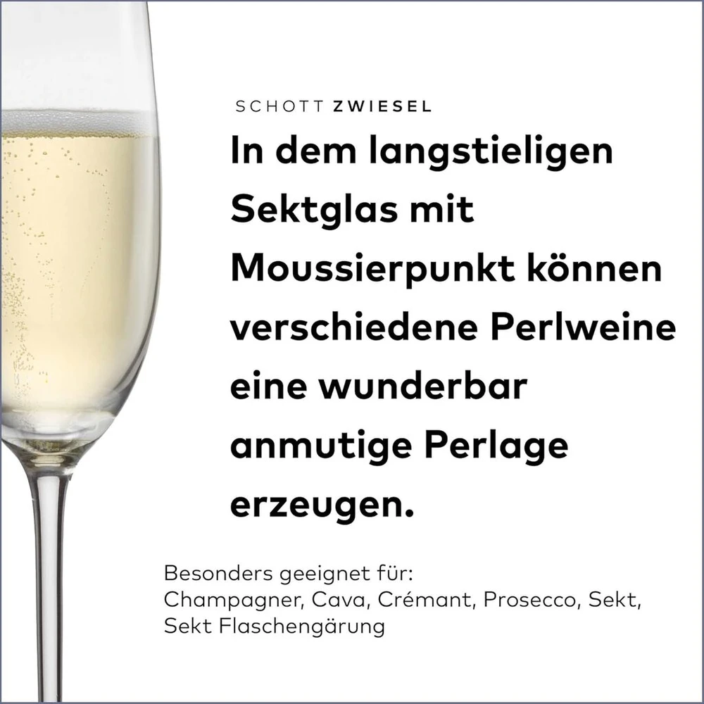 Schott Zwiesel Vinos taurės šampanui (4 vnt. rinkinys), grakščios taurės šampanui su putojimo tašku, galima plauti indaplovėje, pagamintos Vokietijoje (prekės Nr. 130010), krištolas
