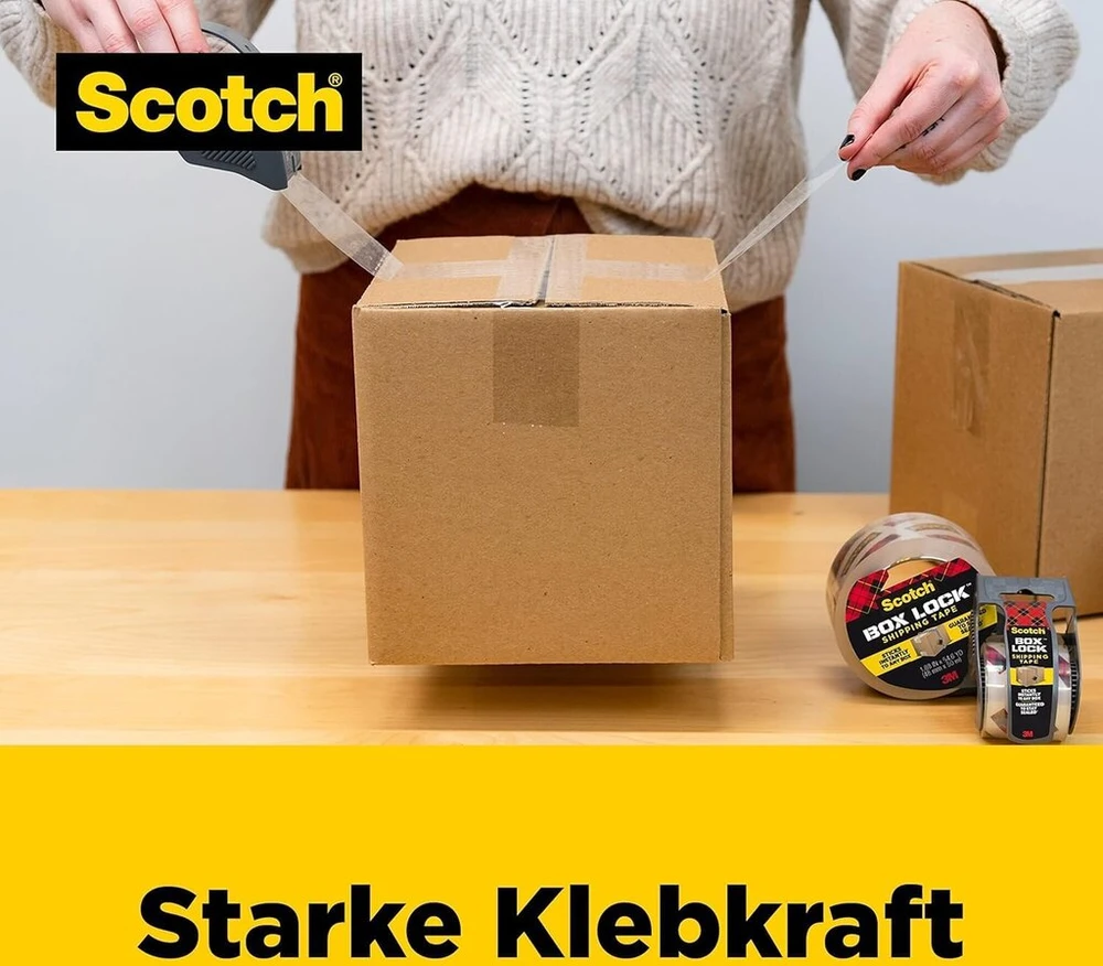 Scotch Box Lock pakavimo juosta - 3 ritinėliai 48 mm x 50 m - stipri siuntimo ir pakavimo juosta - idealiai tinka siuntiniams ir dėžėms pakuoti