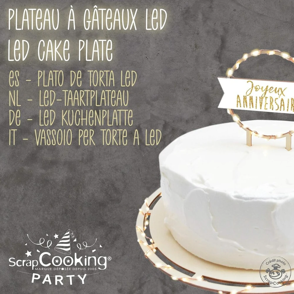 Scrap cooking 4950 led apšviečiamas plokščias rašto apvalus 26.5 cm skersmens padėklas pyragams, tortams, kepiniams ir desertams, dekoravimui, gimtadieniui, vakarėliui, kalėdoms, 4950, baltas