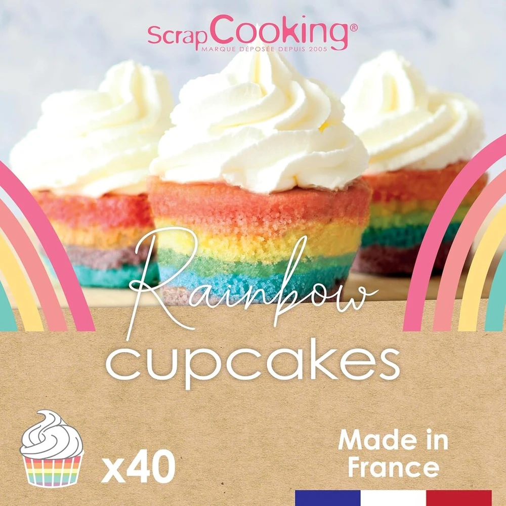 Scrapcooking - Vaivorykštinių keksiukų rinkinys - su spalvotomis mielėmis, 40 formelių, dozavimo šaukštais ir receptais - Vaivorykštė - 3787