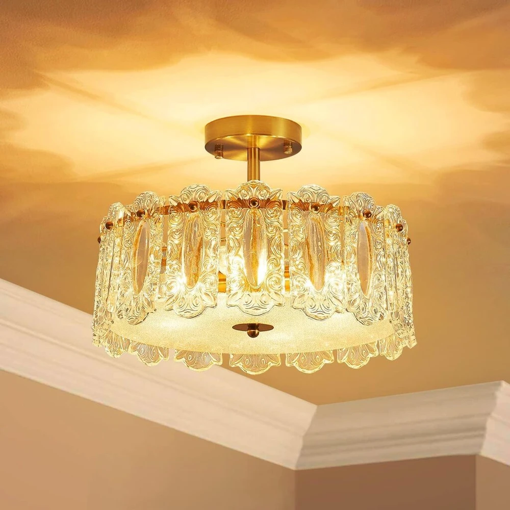 Scream Lighting Cl038 krištolinis sietynas, lubinis šviestuvas svetainei, D37 x H24 cm, E14 lizdas, 4 lemputės, vario apdaila