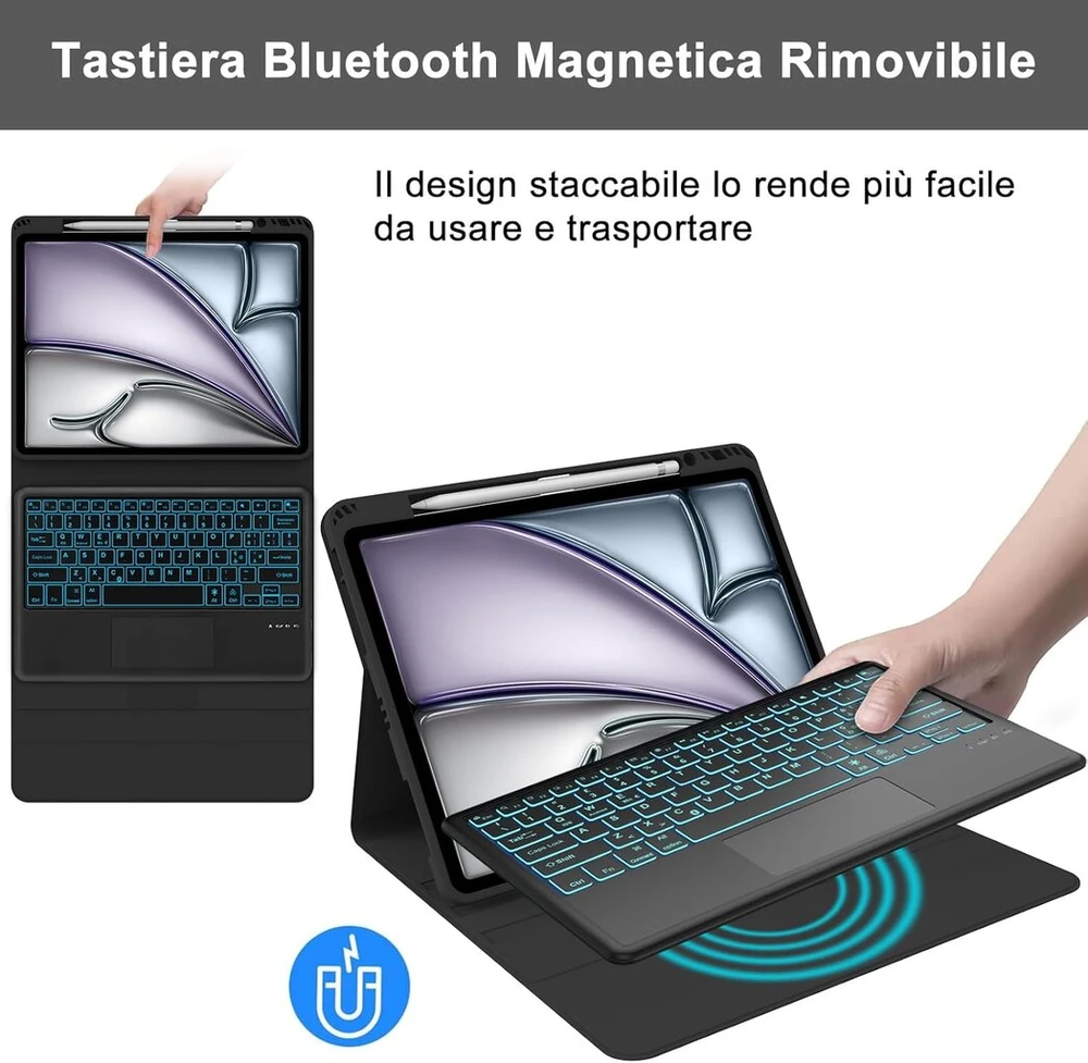 Sengbirch dėklas su klaviatūra, skirtas ipad air 13 colių (m2, 2024), bluetooth foninio apšvietimo klaviatūra su 7 spalvomis ir jutikliniu kilimėliu, bluetooth klaviatūra, skirta ipad air 13 colių, juoda