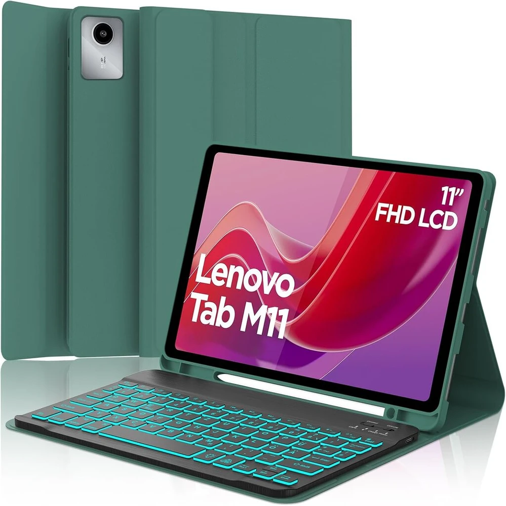 Sengbirch dėklas su klaviatūra, skirtas Lenovo Tab M11 11 colių 2024 (tb330fu/tb330xu) - Qwertz vokiečių 7 spalvų apšviesta nuimama belaidė Bluetooth klaviatūra, skirta Lenovo Tab M11 2024, tamsiai žalia