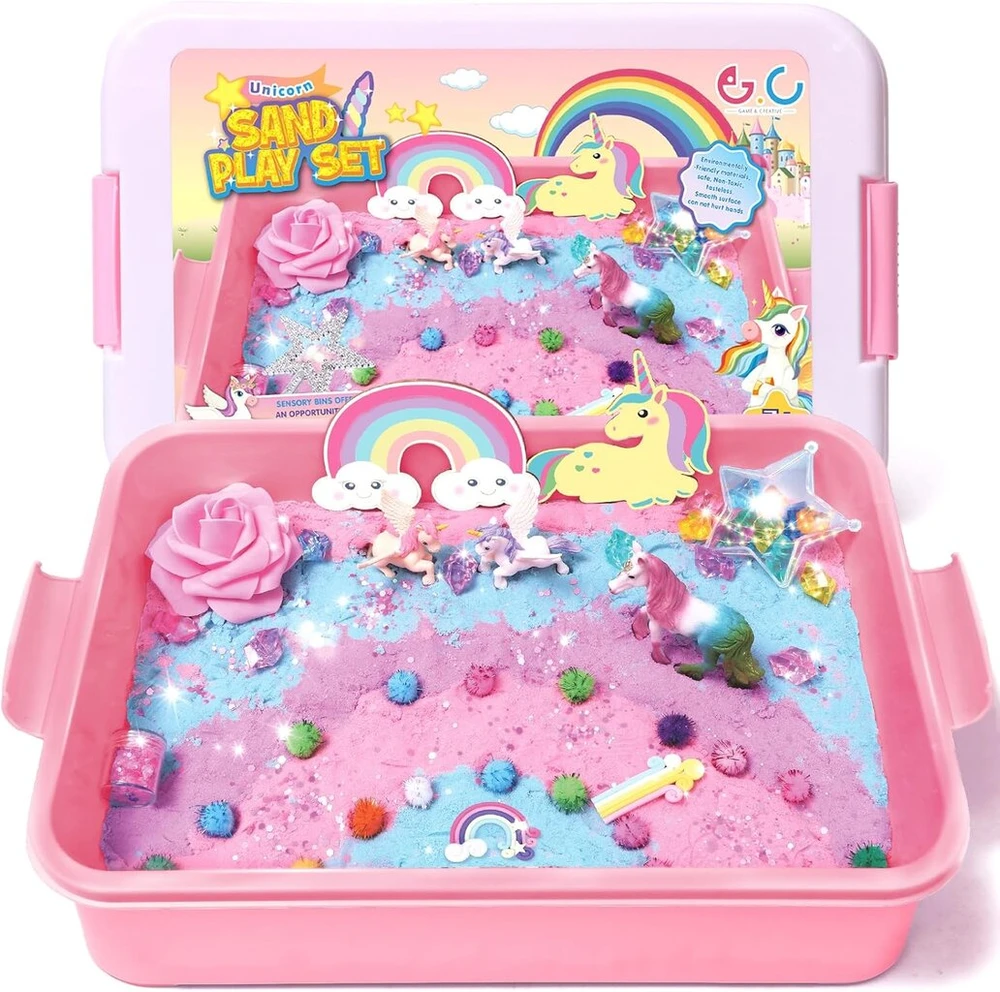 Sensorinis žaislas magic sand smėlio dėžės rinkinys dovanos mergaitėms unicorn play sand lagaminas paplūdimio įrankiai sensorinis smėlio žaislas magic sand unicorn dovana mergaitėms vaikams 3 4 5 6 7 8 metų