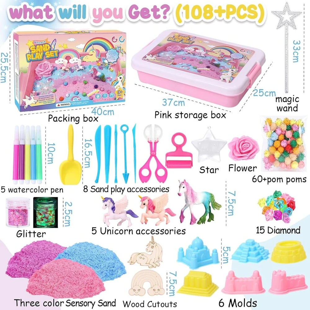 Sensorinis žaislas magic sand smėlio dėžės rinkinys dovanos mergaitėms unicorn play sand lagaminas paplūdimio įrankiai sensorinis smėlio žaislas magic sand unicorn dovana mergaitėms vaikams 3 4 5 6 7 8 metų