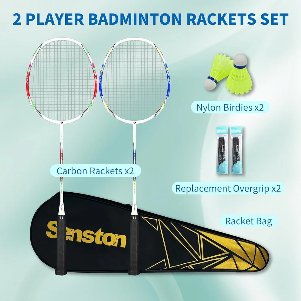 Senston grafito badmintono rinkinys, profesionali anglies pluošto badmintono raketė, lengvas badmintono rakečių rinkinys treniruotėms, sportui ir pramogoms su raketės krepšiu