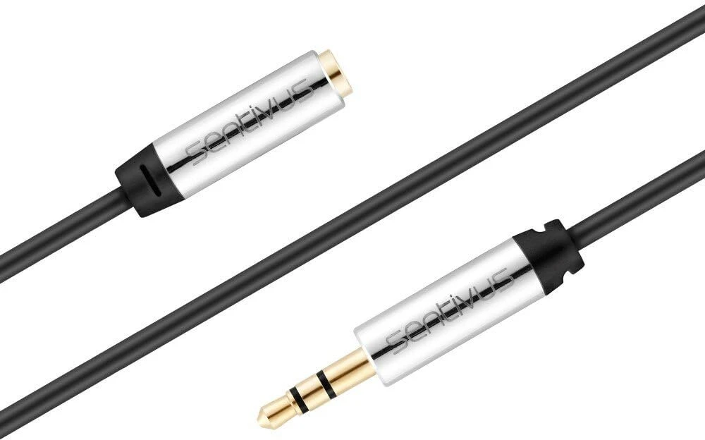 Sentivus 5 mm stereo audio jack ilgiklis, 3.5 mm lizdas į 3.5 mm kištuką, aux kabelis, metalinis kištukas, juodas, 5.00 m