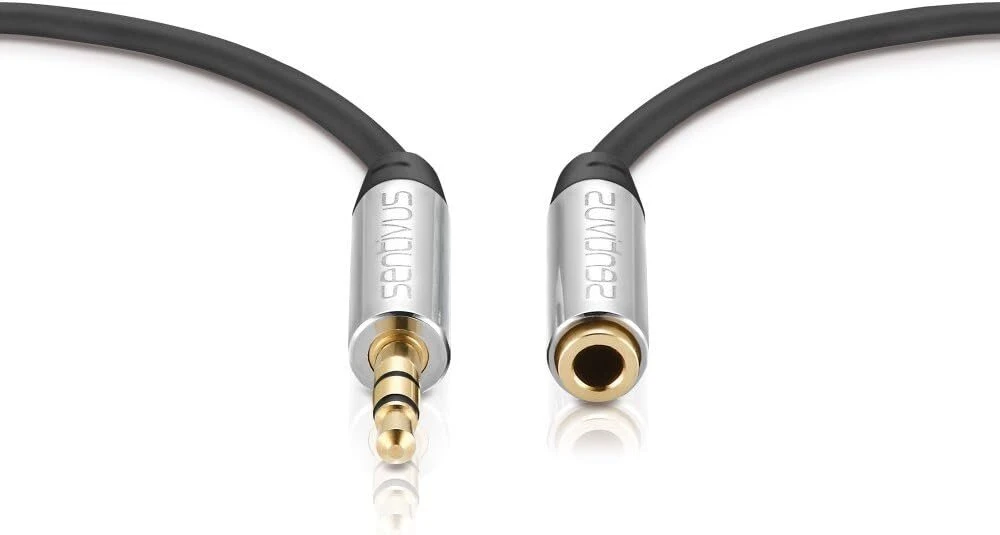 Sentivus 5 mm stereo audio jack ilgiklis, 3.5 mm lizdas į 3.5 mm kištuką, aux kabelis, metalinis kištukas, juodas, 5.00 m