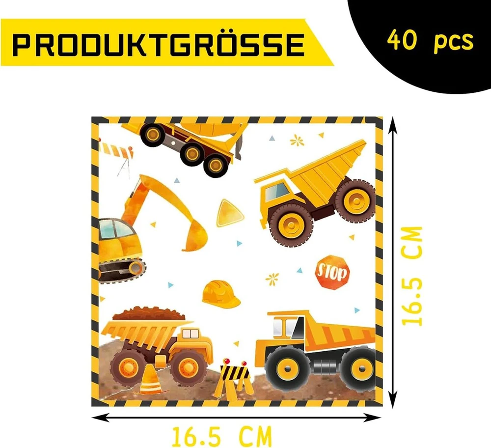 Servetėlės Digger, 40 vnt., Digger Wheel Loader statybvietės vakarėlio servetėlių rinkinys, stalo dekoravimo vakarėlių indai, vienkartinės kvadratinės popierinės servetėlės, idealiai tinka vaikų gimtadieniams berniukams / mergaitėms