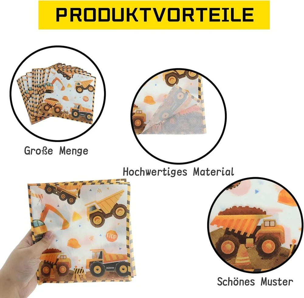 Servetėlės Digger, 40 vnt., Digger Wheel Loader statybvietės vakarėlio servetėlių rinkinys, stalo dekoravimo vakarėlių indai, vienkartinės kvadratinės popierinės servetėlės, idealiai tinka vaikų gimtadieniams berniukams / mergaitėms