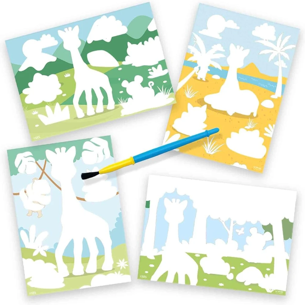 Ses Creative Sophie the Giraffe vandens piešimo daugkartinio naudojimo edukacinis žaidimas 4 kortelės be pažeidimų + saugus teptukas kūrybinei veiklai kūdikiams nuo 1 metų + sensorinis vystymasis ir smulkiosios motorikos įgūdžiai