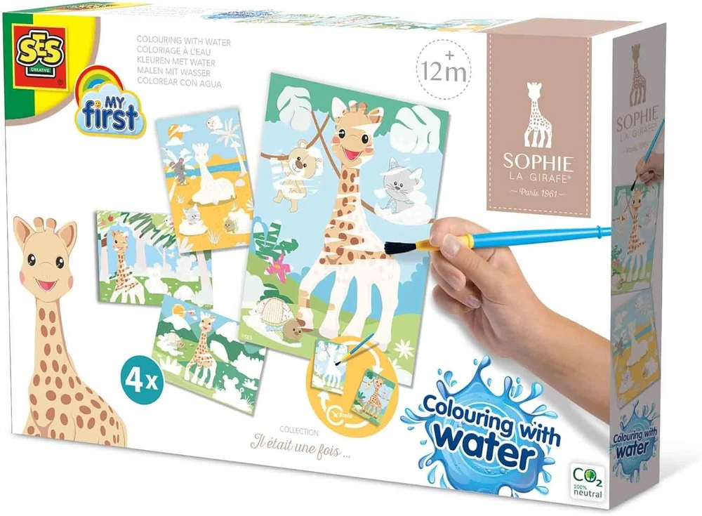Ses Creative Sophie the Giraffe vandens piešimo daugkartinio naudojimo edukacinis žaidimas 4 kortelės be pažeidimų + saugus teptukas kūrybinei veiklai kūdikiams nuo 1 metų + sensorinis vystymasis ir smulkiosios motorikos įgūdžiai