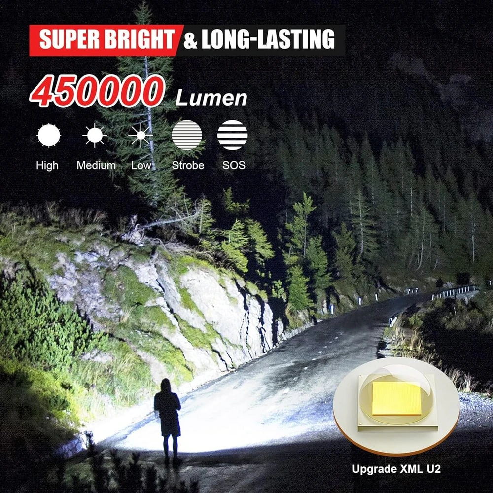 Shadowhawk Led žibintuvėlis 450 000 liumenų, itin ryškūs įkraunami žibintuvėliai, stiprus taktinis žibintuvėlis, Ip67 žibintas, 5 šviesos režimai su priartinimu stovyklavimui lauke ir žygiams