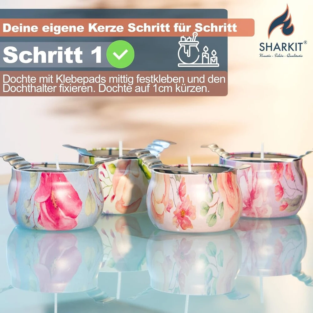 Sharkit® Pasigaminkite savo žvakes [4 rinkinys] „pasidaryk pats“ žvakių gamybos rinkinys – žvakių vaškas pilstymui su kvapniuoju aliejumi – sojų vaškas žvakėms – žvakių gamybos rinkinys – žvakių gamybos rinkinys keturioms kvapiosioms žvakėms