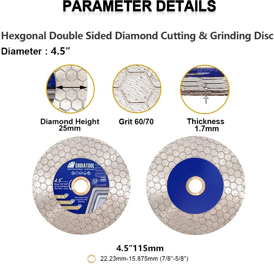 Shdiatool deimantinis pjovimo ir šlifavimo diskas kampiniam šlifuokliui, 115 mm skersmens, skirtas granitui, marmurui, plytelėms, natūraliems akmenims
