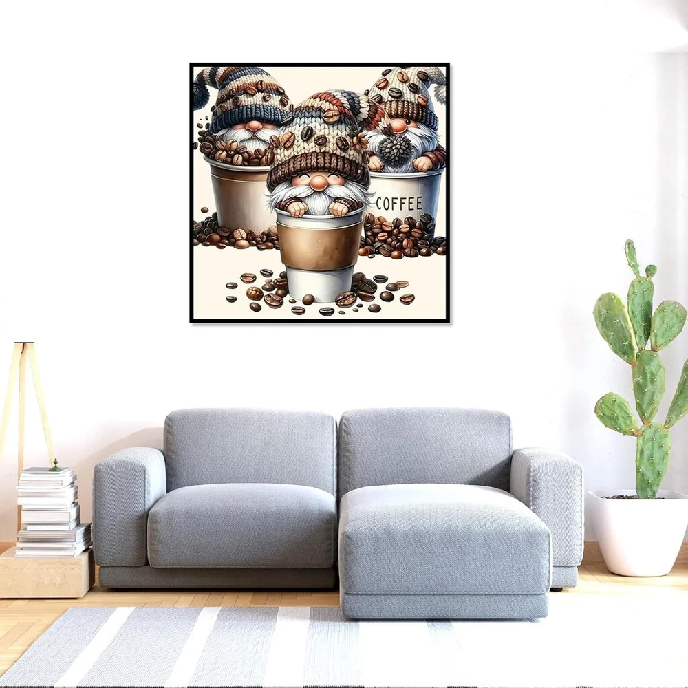 Shegzhuc deimantinė tapyba, nykštukas su kava, 30 x 30 cm, deimantinė tapyba, nykštukai, virtuvės nykštukai, kavos mozaika, deimantinė tapyba, meno siuvinėjimas kryželiu, paveikslai, dovana, sienų dekoracija