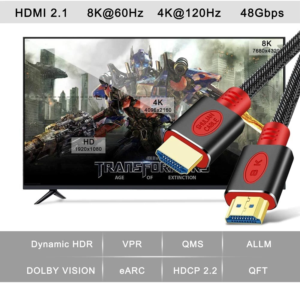 Shuliancable 8k Hdmi kabelis, Hdmi 2.1 kabelis 48 Gbps 8k @ 60hz, 4k @ 120hz, su Dsc High Speed Ethernet, skirtas monitoriui, projektoriui, Blu Ray Ps4 XBOX (3m, raudonas)