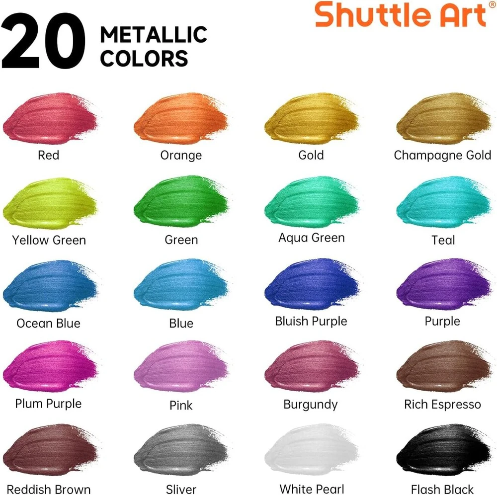 Shuttle Art metalo blizgesio akrilinių dažų rinkinys, 20 spalvingų metalo blizgesio akrilinių spalvų buteliuose (60 ml), 3 teptukų rinkinys, 1 paletė, vaikams, suaugusiems, menininkams ir pradedantiesiems ant drobės, medienos tapybai