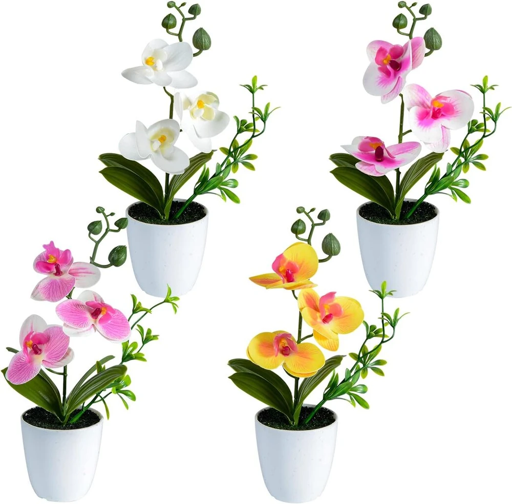 Sifoel dirbtinių orchidėjų žiedų rinkinys, 4 vnt., mini orchidėjos vazonėliuose, netikros orchidėjos su plastikine vaza namų, stalo, biuro dekoravimui (balta, geltona, rožinė, šviesiai rožinė)