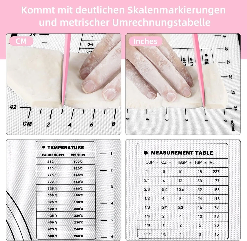 Silikoninis kepimo kilimėlis, didelis 70 x 50 cm, nelipnus tešlos kilimėlis, kočiojimo kilimėlis su matmenimis, daugkartinio naudojimo kepimo priedai su 3 tešlos grandikliais tešlai, fondantui, macarons, sausainiams, picai