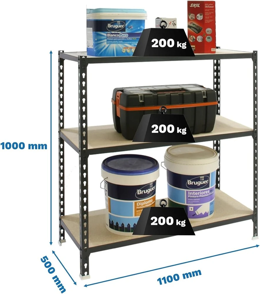 Simonrack Maderclick itin tvirta lentyna, sandėliavimo lentyna, 100 x 110 x 50 cm, metalinė lentyna, lentyna rūsiui, lenkimo riba 200 kg, 3 medinės lentynos, antracito/medžio spalvos