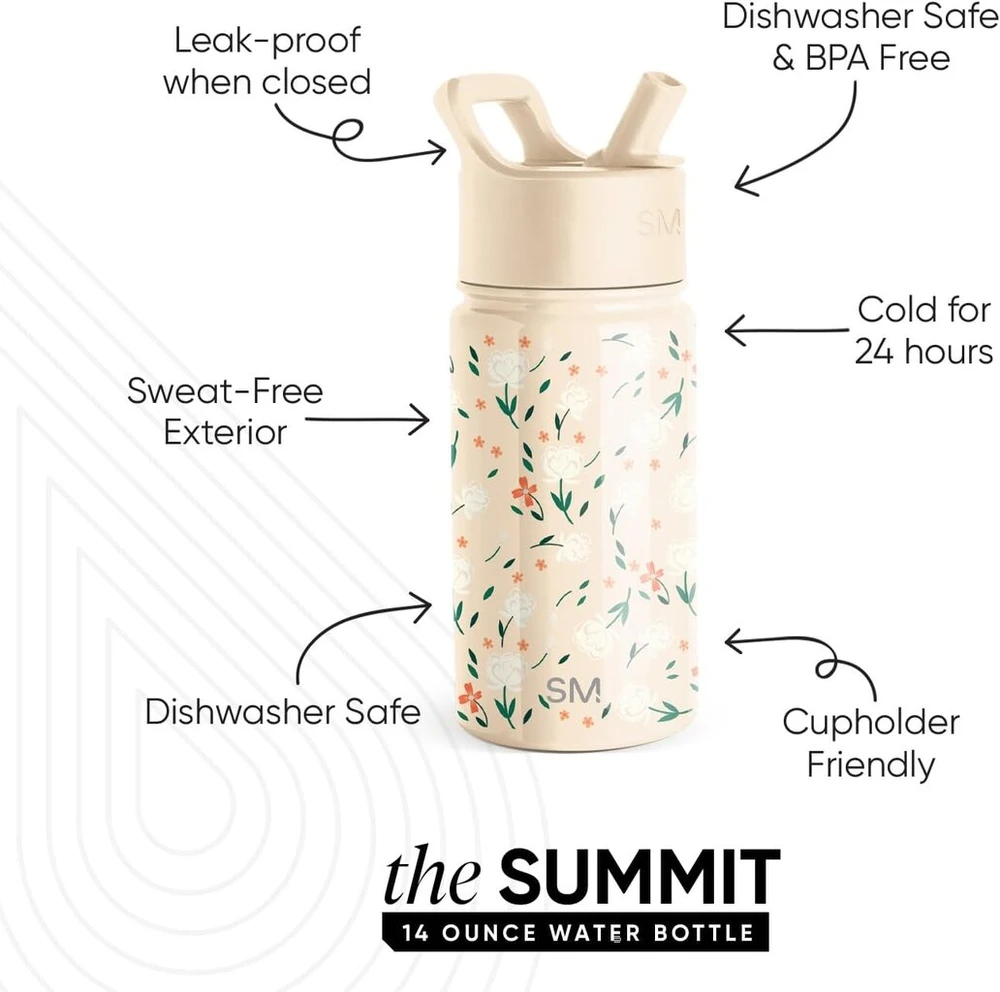 Simple Modern vaikiška vandens buteliukas su šiaudeliu | Izoliuota nerūdijančio plieno daugkartinio naudojimo gertuvė vaikams, mergaitėms, berniukams | Summit kolekcija | 414 ml, Chloe Floral