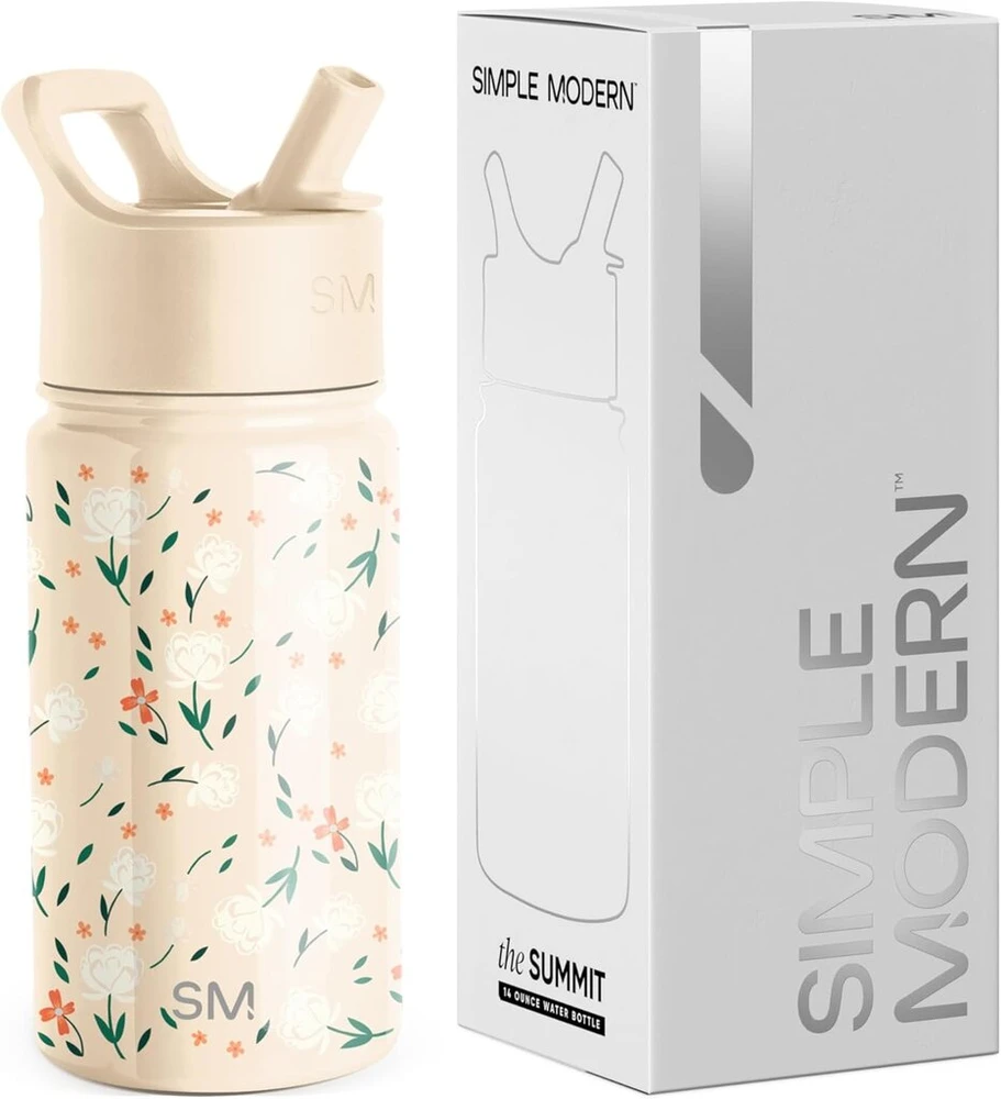 Simple Modern vaikiška vandens buteliukas su šiaudeliu | Izoliuota nerūdijančio plieno daugkartinio naudojimo gertuvė vaikams, mergaitėms, berniukams | Summit kolekcija | 414 ml, Chloe Floral