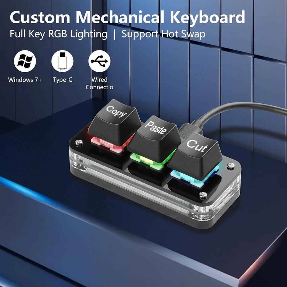 Sinloon Mini 3 mygtukų išpjova, programuojamos kopijavimo ir įklijavimo klaviatūros su Led apšvietimu, mechaninė karšto keitimo makro klaviatūra darbui ir žaidimams