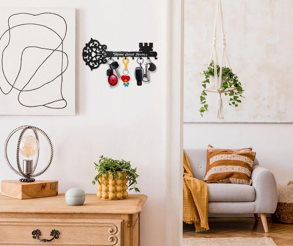 Sirholdeer modernus raktų pakabukas, skeleton key, home sweet home raktų kabliukas, raktų pakabukas sienai, raktų pakaba su 7 kabliukais, raktų lenta juoda, sienos dekoracija prieškambariui, metalinė dekoracija