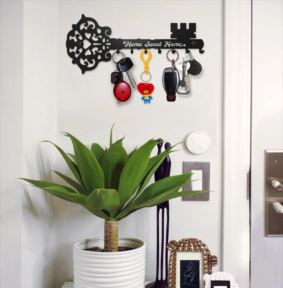 Sirholdeer modernus raktų pakabukas, skeleton key, home sweet home raktų kabliukas, raktų pakabukas sienai, raktų pakaba su 7 kabliukais, raktų lenta juoda, sienos dekoracija prieškambariui, metalinė dekoracija