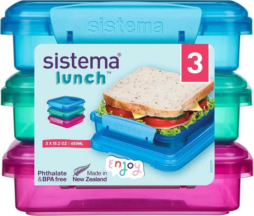 Sistema 41647 450 ml priešpiečių dėžutė sumuštiniams su kontrastingais spaustukais, įvairių spalvų (3 vnt.)