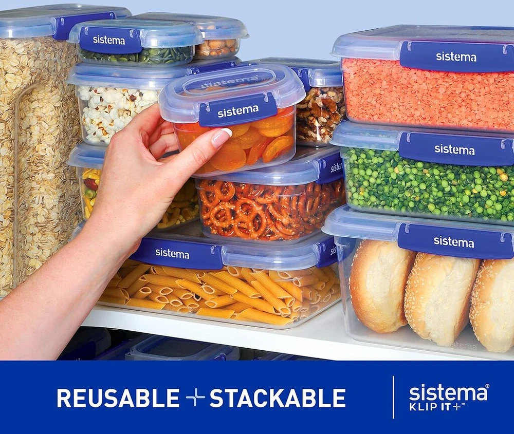 Sistema Klip It Plus maisto laikymo indas | 5.5 litro kvadratinis | Sukraunamas ir hermetiškas indas su dangteliu | Tinka šaldytuvui/šaldikliui | Be Bpa plastiko | Mėlyni spaustukai | 1 vnt.