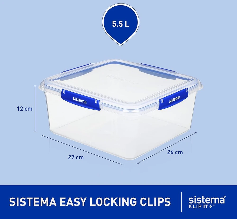 Sistema Klip It Plus maisto laikymo indas | 5.5 litro kvadratinis | Sukraunamas ir hermetiškas indas su dangteliu | Tinka šaldytuvui/šaldikliui | Be Bpa plastiko | Mėlyni spaustukai | 1 vnt.