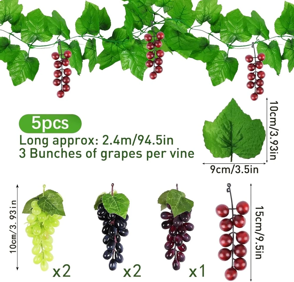 Sjunjie plastikinių vynuogių rinkinys, 10 vnt., dirbtinės vynuogės, vijokliai, tikroviškos vynuogės