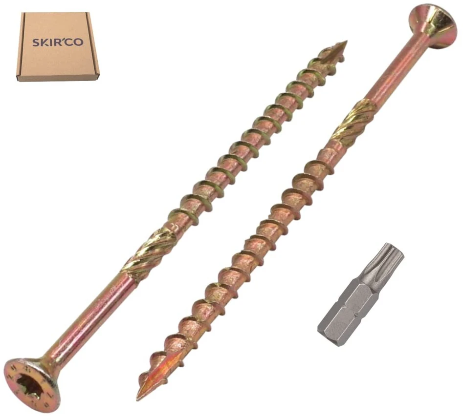 Skir'co (10 vnt.) universalūs cinkuoto plieno 6,0 x 120 mm geltoni medvaržčiai su įleidžiama galvute Torx, skirti medienos drožlių plokštėms (10, 6,0 x 120 mm)