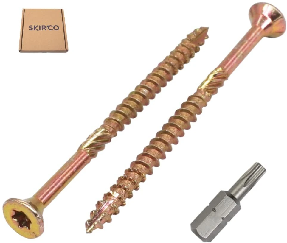 Skir'co (100 vnt.) universalūs cinkuoto plieno 4,0 x 60 mm geltoni medvaržčiai su įleidžiama torx galvute, 17 tipo medienos drožlių plokštės varžtai (100, 4,0 x 60 mm)