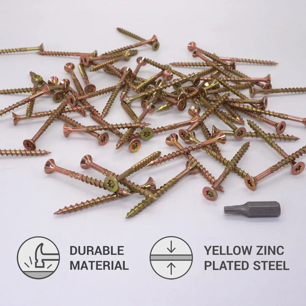 Skir'co (100 vnt.) universalūs cinkuoto plieno 4,0 x 50 mm geltoni medvaržčiai su įleidžiama torx galvute, 17 tipo medienos drožlių plokštės varžtai (100, 4,0 x 50 mm)
