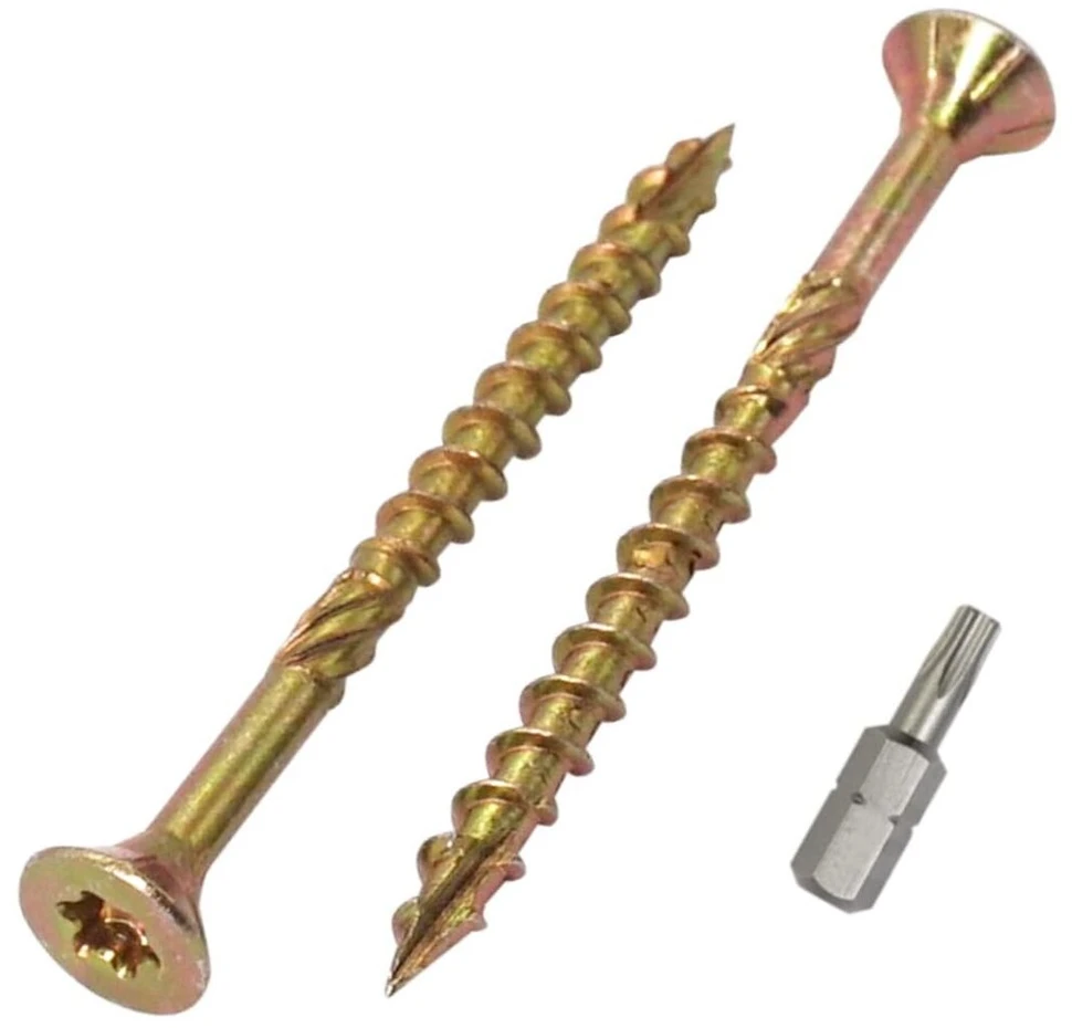 Skir'co (100 vnt.) universalūs cinkuoto plieno 4,0 x 50 mm geltoni medvaržčiai su įleidžiama torx galvute, 17 tipo medienos drožlių plokštės varžtai (100, 4,0 x 50 mm)