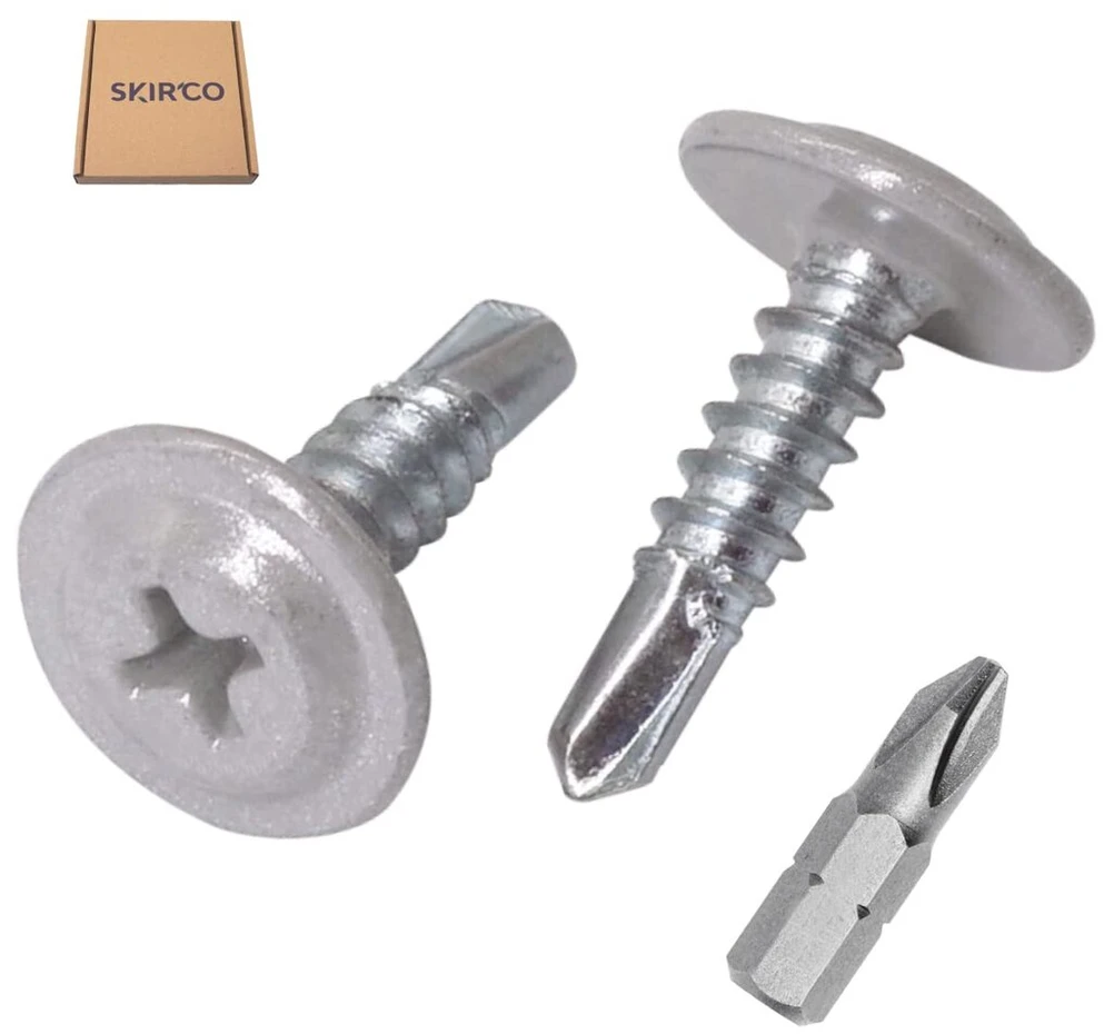 Skir'co (150 vnt.) Dažyti 4,2 x 16 mm savisriegiai sraigtai, Phillips modifikuota santvaros galvutė, sriegiklis, plokščia galvutė (150, baltas aliuminis Ral 9006)
