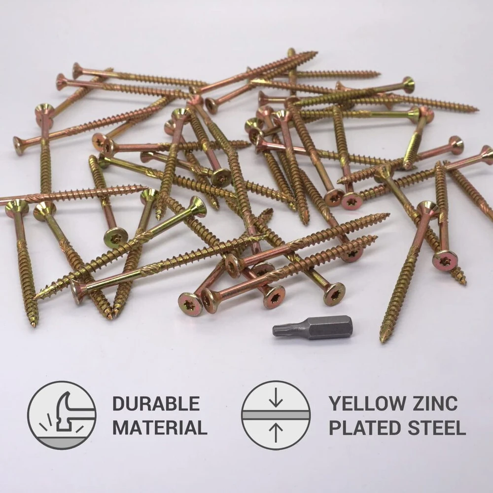 Skir'co (20 vnt.) universalūs cinkuoto plieno 4,5 x 70 mm geltoni medvaržčiai su įleidžiama torx galvute, 17 tipo medienos drožlių plokštės varžtai (20, 4,5 x 70 mm)