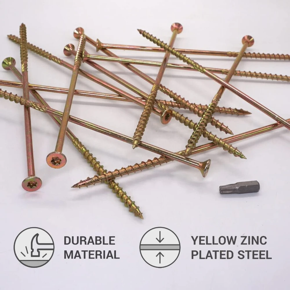 Skir'co (40 vnt.) universalūs cinkuoto plieno 6,0 x 200 mm geltoni medvaržčiai su įleidžiama torx galvute, 17 tipo medienos drožlių plokštės varžtai (40, 6,0 x 200 mm)