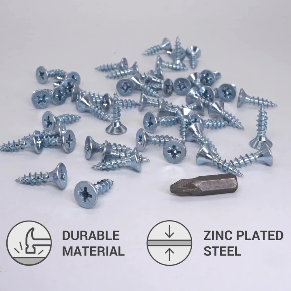 Skir'co (400 vnt.) Cinkuoti plieno 5,0 x 20 mm sidabriniai medvaržčiai Pozidriv įleidžiama galvute, skirti medienos drožlių plokštėms, pz pilnas sriegis