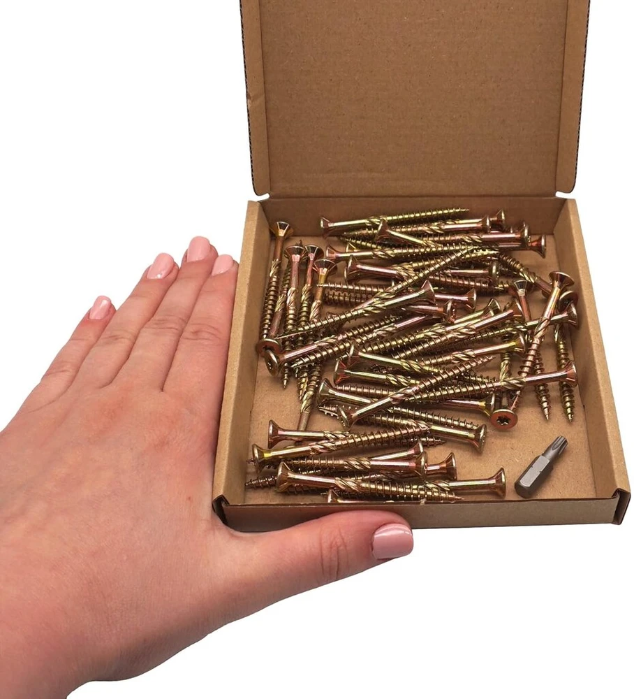 Skir'co 50 vnt. universalūs galvanizuoto plieno 5,0 x 60 mm geltoni medvaržčiai su įleidžiama galvute Torx, Type 17 medienos drožlių plokštės varžtai (50, 5,0 x 60 mm)