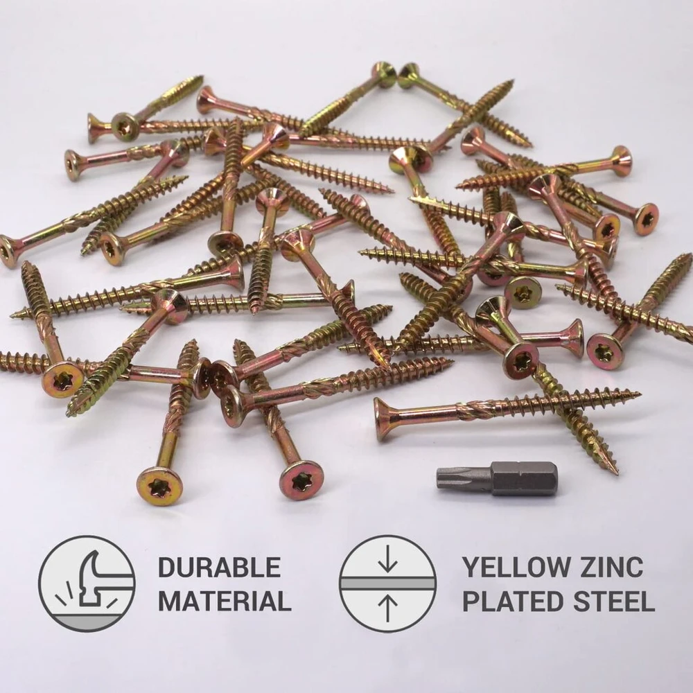 Skir'co 50 vnt. universalūs galvanizuoto plieno 5,0 x 60 mm geltoni medvaržčiai su įleidžiama galvute Torx, Type 17 medienos drožlių plokštės varžtai (50, 5,0 x 60 mm)