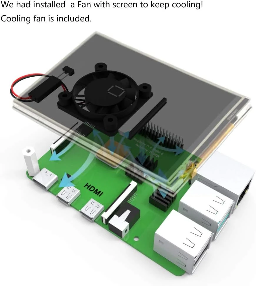 Skirtas raspberry pi 4 jutiklinis ekranas su korpusu 3.5 colio 60 fps monitorius su 480 x 320 raiška ir mini ventiliatoriumi